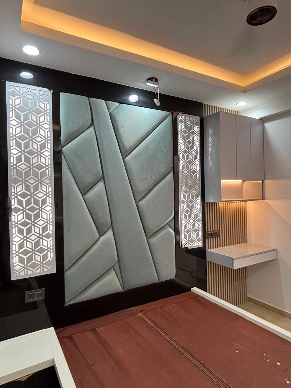 CNC jali headboard wall with an adjoining dresser nook