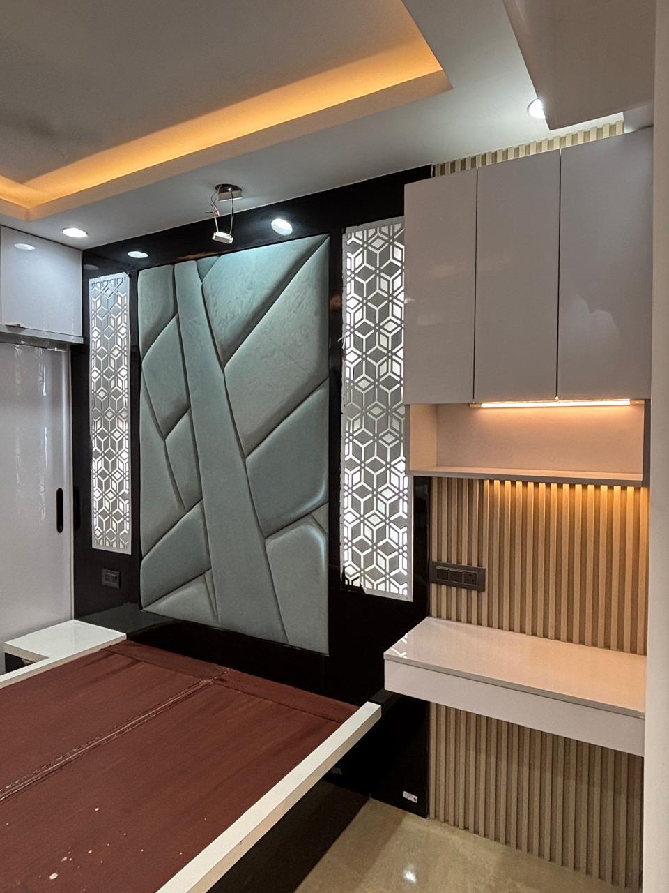 CNC jali headboard with matching bedside table